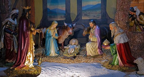Christmas cot, Holy Family, Three Wise Men, Parish Church of St Peter and Paul, Dieburg, Hesse,