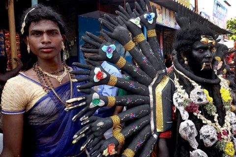 People dress as Hindu Goddess Kali near Mutharamman temple, Tamil Nadu, India, Asia