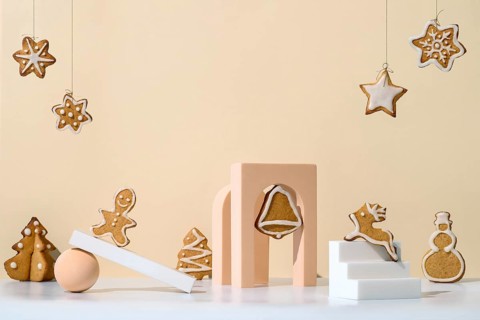 Christmas composition with gingerbread cookies in trendy minimalistic style. Different geometrical