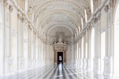 Reggia di Venaria Reale, Italy, October 2022: corridor perspective, luxury marble, gallery and