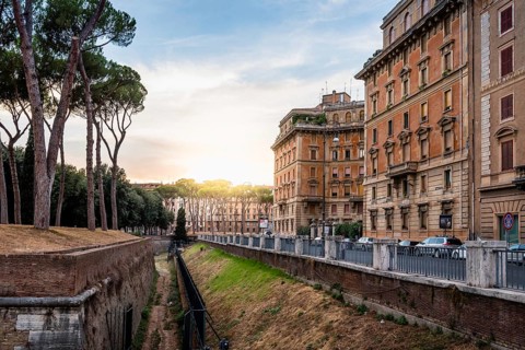 Rome, Italy, August 18, 2016: Sunset on Piazza Adriana in Rome near Castel Sant Angelo. The