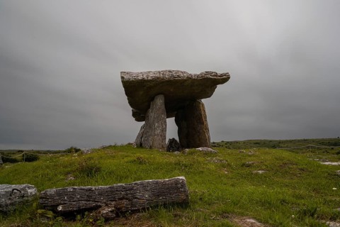 A long exposure view of the Poulnabrone Dolmen under an overcast sky in County Clare of Western