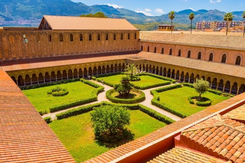 View of the cloister of the Santa Maria Nuova cathedral in the city of Monreale, north west of