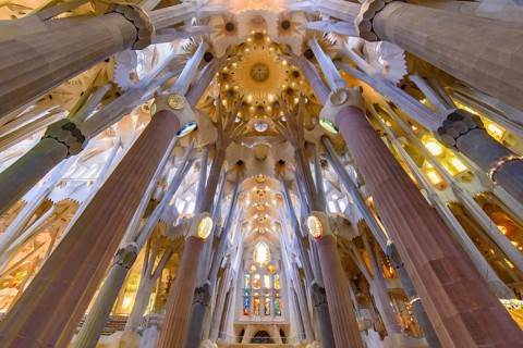 The interior of Sagrada Familia (Church of the Holy Family), the cathedral designed by Gaudi in