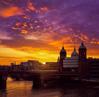 London Bridge sunset at Thames with St Paul Pauls Cathedral