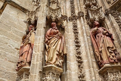 Seville cathedral facade in Constitucion avenue of Sevilla Andalusia Spain