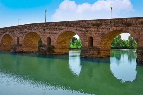 Merida in Spain roman bridge over Guadiana river Badajoz Extremadura