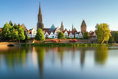 Panorama of City Ulm with Minster Danube and Metzgerturm in spring