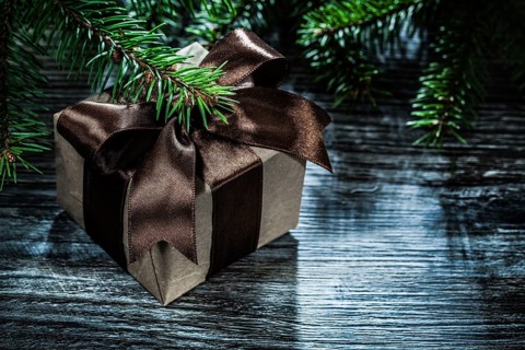 Gift box with ribbon pine branches on wooden board