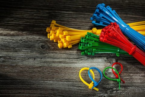 Composition of plastic cables on vintage wooden board