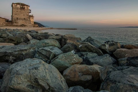 View over the sea into the sunset. Landscape taken with the historical landmark of the Byzantine