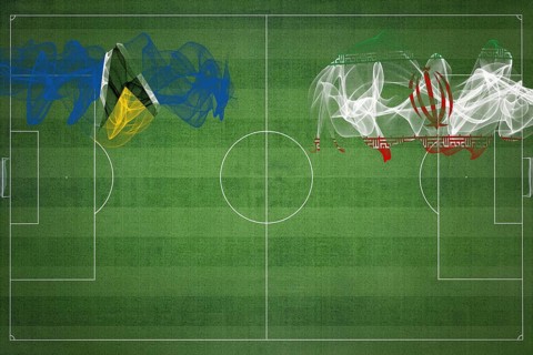 Saint Lucia vs Iran Soccer Match, national colors, national flags, soccer field, football game,