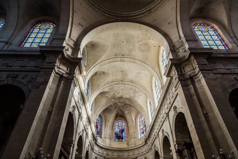 La Rochelle, France, August 6, 2018: La Rochelle Cathedral. Low angle interior view of the vaults,