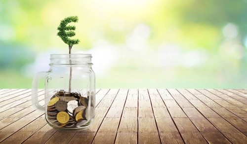 Coins in the glass with Euro shape plant growing, savings, growing, investment, retirement and