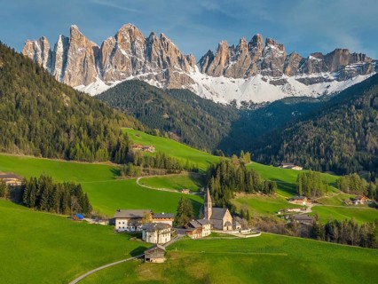 Spring landscape with Santa Magdalena village, Italian Dolomites Alps, in South Tyrol, Val di
