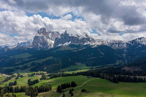 Panoramic view from the Seiser Alm to the Dolomites in Italy, drone shot