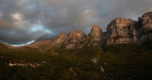Drone scenery mikro Papingo village, Zagorochoria area, Epirus, Ioannina Greece. Astraka tower