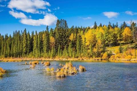 Canadian province of Alberta, the Rocky Mountains, Banff. Magnificent sunny day in lakes Vermilion.