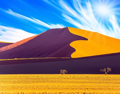 Hot sun of the Namib desert. Namibia, South Africa, sunset. The concept of extreme and exotic