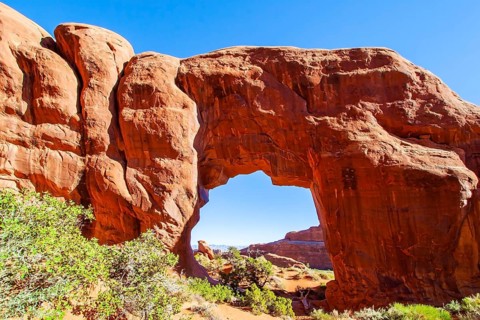 North Window & South Window Arches. The beauty of Arches Park in USA. Picturesque red-brown