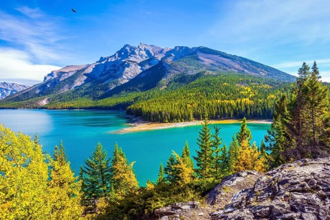 The lake with turquoise water is surrounded by coniferous forests. Lake Two Jack in the Rocky