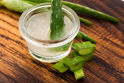 Aloe vera juice with fresh leaves