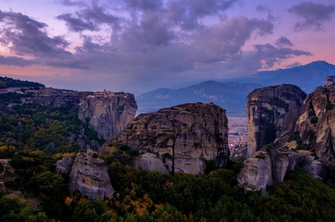 Hilltop monastery of the Holy Trinity at dawn, rocks of Meteora, Trikala, Thessaly, Greece, Europe