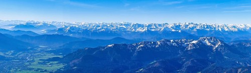 Mountain panorama near Bad Tölz with views over the Karwendel and Wetterstein mountains to the