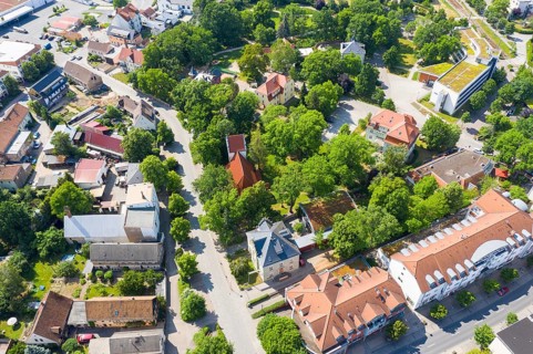 Aerial view Ravensburger Platz and old church with town hall, Coswig, Saxony, Germany, Europe