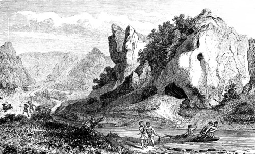 Native people hunting and fishing, cave in the Swabian Ach Valley, UNESCO World Heritage Caves and