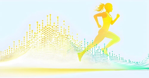 Illustration of a wave of data points shaping into a female runner silhouette, green and yellow