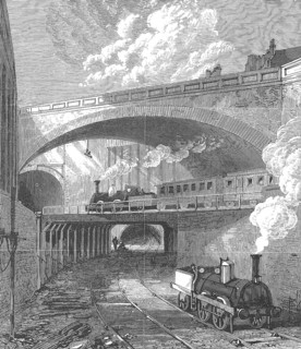 The Metropolitan Railway in 1869, railway, here Farringdon station in London, England, Historic,