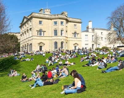 Students on lawn sunbathing, Royal Fort House architect James Bridges 1761, University of Bristol,