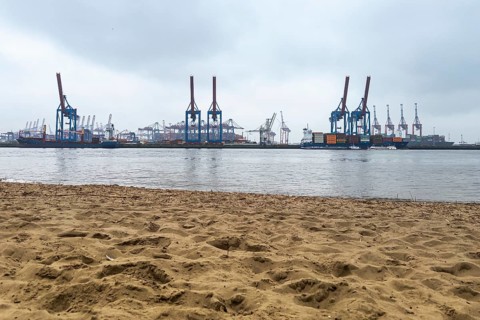 Hamburg with Elbe, beach harbour cranes, industry, loading, trade, customs, maritime trade,