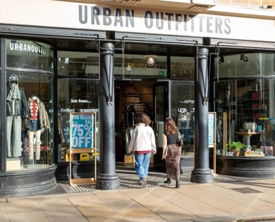 Urban Outfitters clothes shop store in city centre, Cambridge, Cambridgeshire, England, UK two