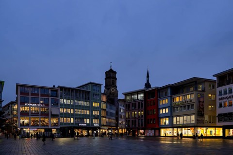 Market square, collegiate church, shops, retail, evening, blue hour, Stuttgart, Baden-Württemberg,