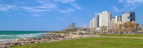 Scenic Israel Tel Aviv coastline seashore promenade with hotels and beaches near Old Jaffa port