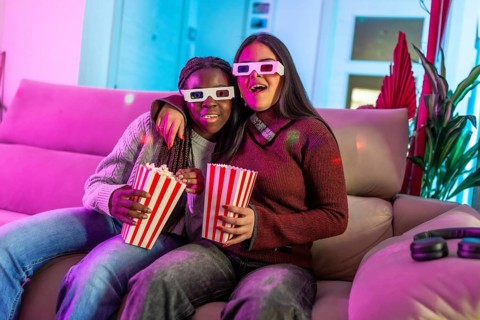 Two girls wearing 3d glasses enjoying a movie night at home, eating popcorn from striped boxes and