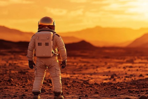 Back view of astronaut in suit standing on red planet Mars. Generative Ai, AI generated