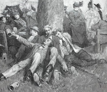 After the fifth measure of beer, drunken fairgoers sleep off their intoxication by a tree, empty