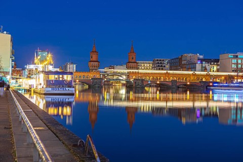 Hostel boat on the banks of the Spree near the Oberbaum Bridge in Berlin, Germany, Europe