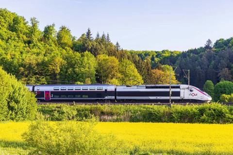 TGV travelling over the Swabian Alb. Idyllic landscape near Lonsee in spring at sunrise. Lonsee,