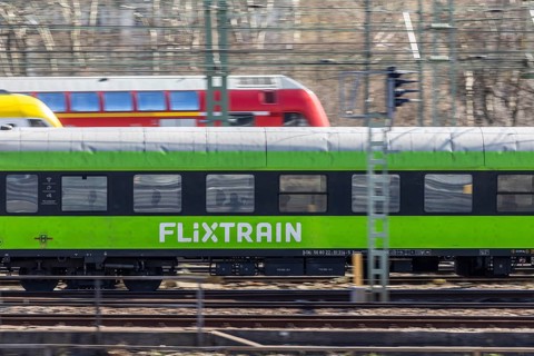 Platform apron at Stuttgart main station with a Flixtrain train. Trains still run here. After