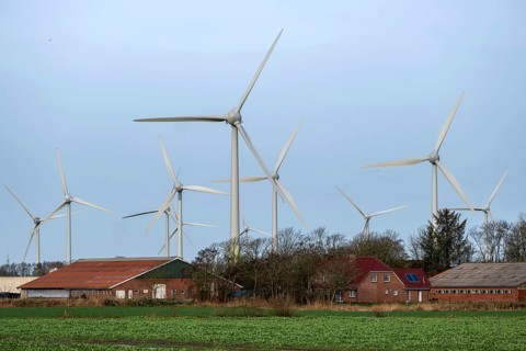 Norden, Lower Saxony, Germany - Wind turbines, wind farm near Norden in East Frisia. In front a