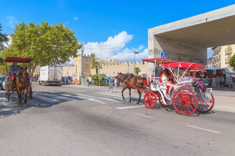 Tourists riding in a horse drawn carriage, Alcudia, Mallorca, Balearic Islands, Spain, Europe