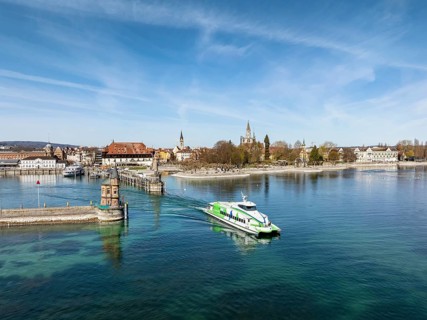 Aerial view of the harbour exit of Constance with the Lake Constance catamaran Fridolin from Lake