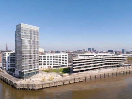 Aerial view of HafenCity HafenCity University Hamburg (HCU) under a clear and blue sky, HafenCity,