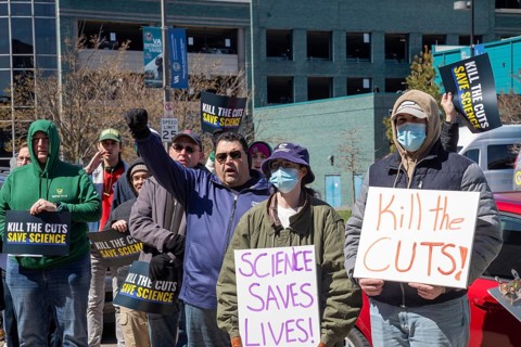 Detroit, Michigan USA - 8 April 2025 - Labor unions hold a 'Kill the Cuts' rally at Wayne State
