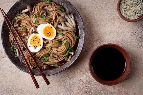 Buckwheat noodles, soba, with shimeji mushrooms, boiled egg, green onion, homemade, no people