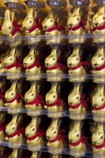 Display on retail shelf of wholesale chocolate Easter bunnies chocolate Easter bunnies chocolate